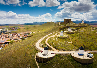 View from drone of famous Route of Don Quixote in Consuegra with windmills , Spain