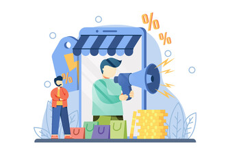 e-commerce promotion big sale concept. A man with megaphone on screen provides discount online shopping announcements .flash sale, special offer, e-commerce shop promotion abstract metaphor.