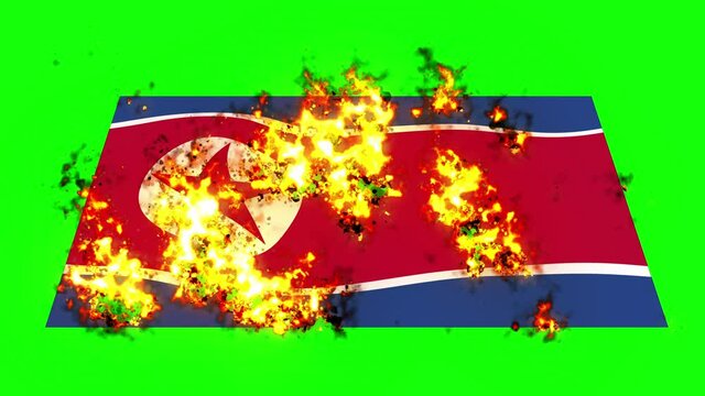 North Korea flag on fire burning animation