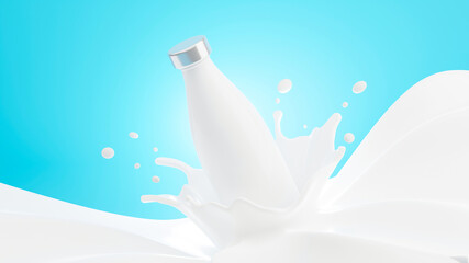 3d render of milk bottle with splash .