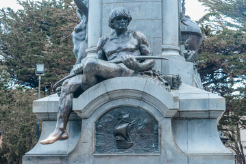 PUNTA ARENAS, CHILE - APRIL O3, 2019: Statue of Ferdinand Magellan in the Plaza de Armas, Punta...