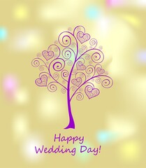Golden greeting wedding card with decorative violet tree with hanging hearts