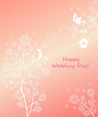 Pink pastel wedding greeting card with beautiful lacy tree, hanging birdhouse and lovely birds pair
