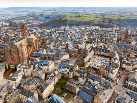 View from drone of town of Rodez with Cathedral of Notre-Dame, France..