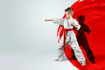 A boy in a white kimono with a red belt against the background of a red circle, the sun. Karate...