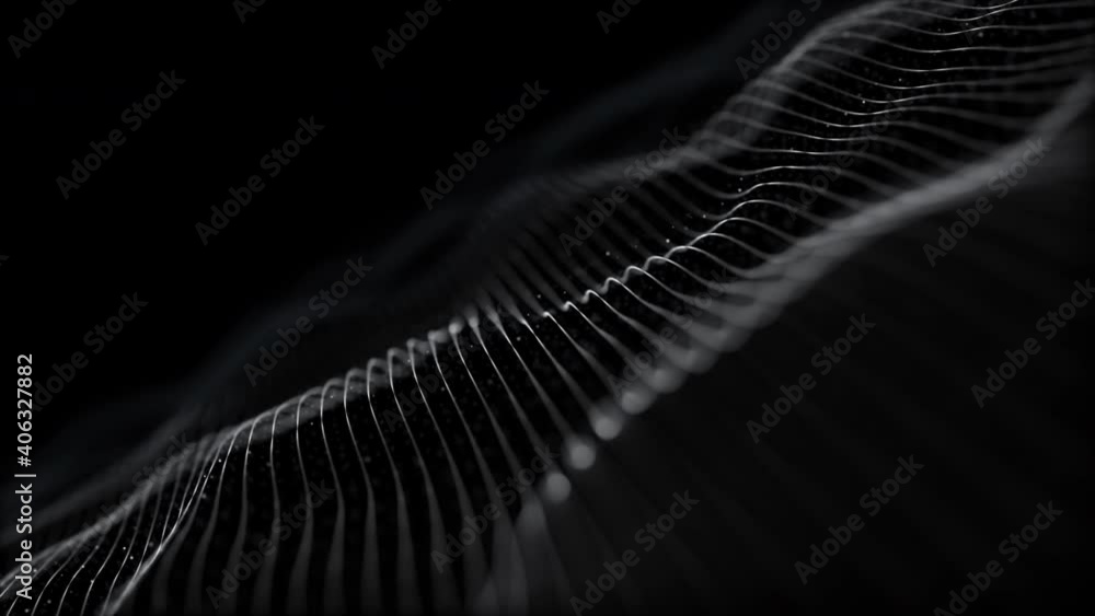 Poster Digitally generated motion graphic mysterious dark energy and evil abstract particles flowing in the cyber Abyss, technology de-focus loop background