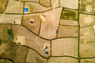 Aerial view, rural farmer's way of harvesting produce, Thailand