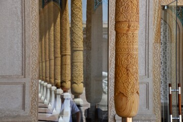 Carved wooden pillar in Samarkand mosque, Uzbekistan