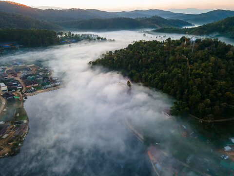 Nature Lighting in the morning after wake up, Town in fog at North of THAILAND.(Selective Focus)