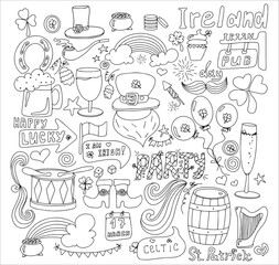 St. Patrick s Day greeting card with hand-drawn pictures. A doodle of beer, a rainbow, a leprechaun s beard, coins, a bowler hat, a clover, a top hat, an Irish flag and a beer mug. Template for a