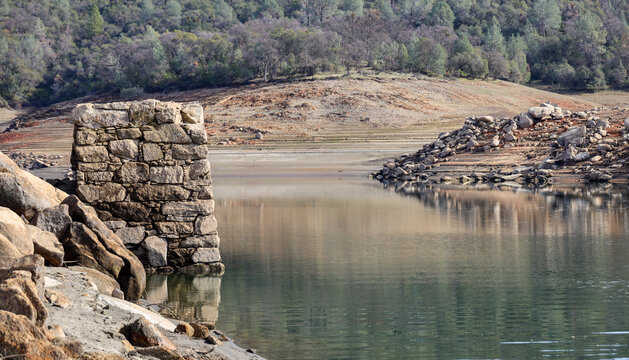 Old Stacked Stone Bridge Abutment Along the North Fork of the American River at Low Water in California