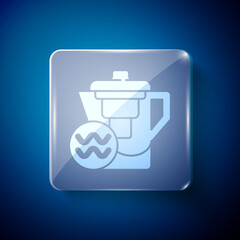 White Water jug with a filter icon isolated on blue background. Square glass panels. Vector Illustration.
