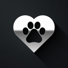 Silver Heart with animals footprint icon isolated on black background. Pet paw in heart. Love to the animals. Long shadow style. Vector.