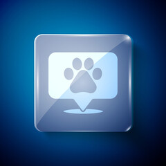 White Map pointer with veterinary medicine hospital, clinic or pet shop for animals icon isolated on blue background. Vet or veterinarian clinic. Square glass panels. Vector.