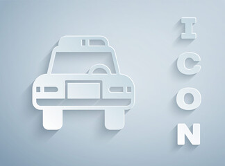 Paper cut Police car and police flasher icon isolated on grey background. Emergency flashing siren. Paper art style. Vector.
