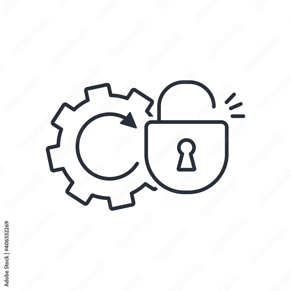 Aufkleber gear and open lock. available operations. vector linear icon isolated on white background.