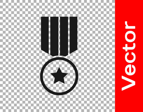 Black Medal with star icon isolated on transparent background. Winner achievement sign. Award medal. Vector.