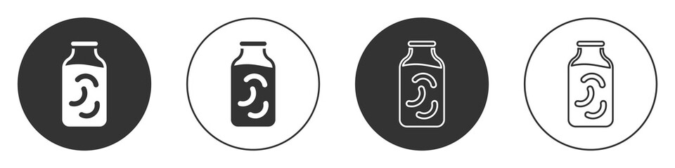 Black Pickled cucumbers in a jar icon isolated on white background. Circle button. Vector.