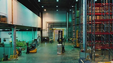 AERIAL. Group of delivery drones flights inside huge warehouse. Drone deliveries a goods. Futuristic concept. - Powered by Adobe