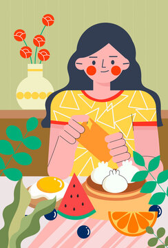 A vector illustration of a girl taking photos of food