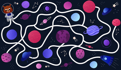 Cute bear explore galaxy, help character find right way for his spaceship throught planets and asteroids, childish riddle for books or school worksheet, colourful puzzle for kids, educational game