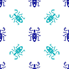 Blue Beetle deer icon isolated seamless pattern on white background. Horned beetle. Big insect. Vector.