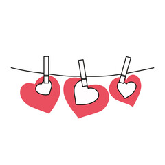 Hearts on clothespins on a rope. Valentine's Day. Vector illustration.
