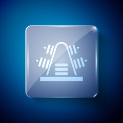 White Metal rack with additional weights for barbell icon isolated on blue background. Bodybuilding, fitness, sport, healthy lifestyle concept. Square glass panels. Vector.