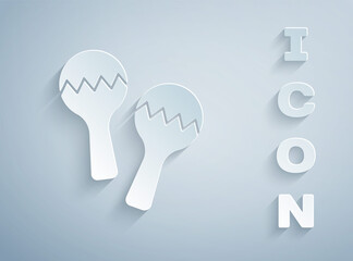Paper cut Maracas icon isolated on grey background. Music maracas instrument mexico. Paper art style. Vector.