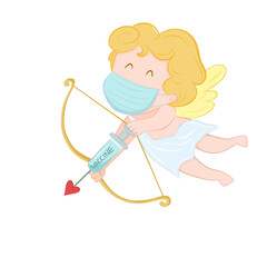 Cute cupid cartoon character vector illustration, cupid wearing face mask aiming with a heart arrow attached to syringe of vaccine. Valentine&rsquo;s day love amid Coronavirus COVID-19 pandemic concepts.