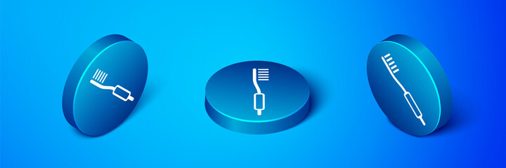 Isometric Toothbrush icon isolated on blue background. Blue circle button. Vector.