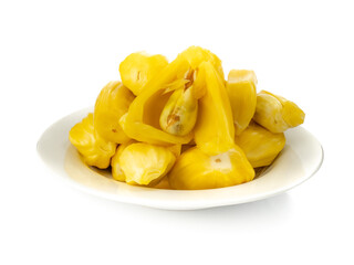 Fresh ripe jackfruit or sweet yellow jackfruit ripe, Kerala Jackfruit (Artocarpus heterophyllus) isolated on white background. Tropical Thai fruit.