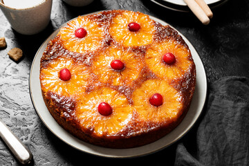 Homemade pineapple upside down pie with candied cranberry . Tropical dessert .top view. isolated on...