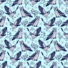 Owls and plants seamless pattern. Vector stock illustration eps10.
