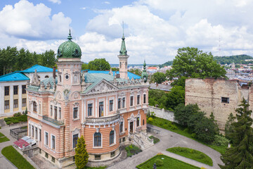 Fototapeta na wymiar Aerial view on Lviv National Museum from drone. Dunikovsky palace