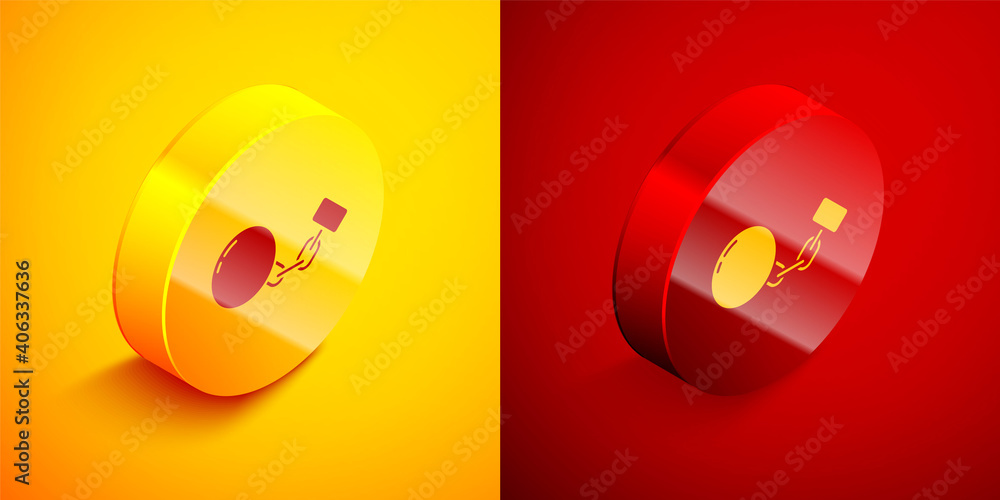 Poster isometric ball on chain icon isolated on orange and red background. circle button. vector.