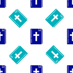 Blue Holy bible book icon isolated seamless pattern on white background. Vector.