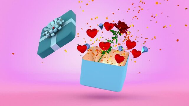 Animation-Valentine falling gift, with the impact of the opening. Hearts, a rose flower, jewelry, confetti fly out of the gift. Festive three-dimensional video for Valentine's Day.