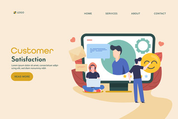 Cartoon style vector illustration of user satisfaction, customer feedback, review and rating. Landing page web banner template.