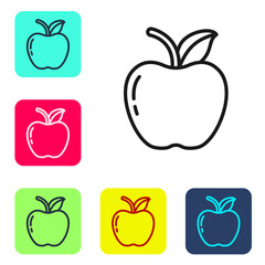 Black line Apple icon isolated on white background. Fruit with leaf symbol. Set icons in color square buttons. Vector Illustration.