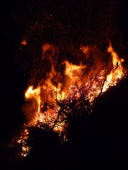 Eine hohe Flamme vor schwarzem Nachthimmel.