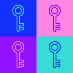 Pop art line House key icon isolated on color background. Vector Illustration.