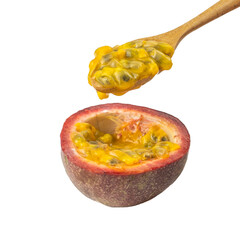 Whole passion fruit and a half maracuya fruit (Passiflora edulis) isolated on white background