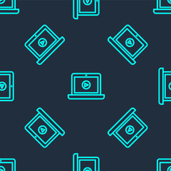 Green line Online play video icon isolated seamless pattern on blue background. Laptop and film strip with play sign. Vector Illustration.