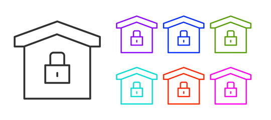 Black line House under protection icon isolated on white background. Home and lock. Protection, safety, security, protect, defense concept. Set icons colorful. Vector Illustration.