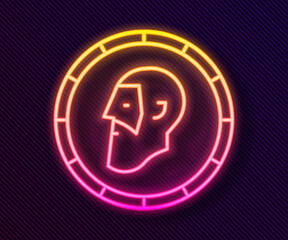 Glowing neon line Ancient coin icon isolated on black background. Vector.