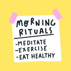 Paper note - Morning rituals. Hand drawn vector illustration on yellow background.