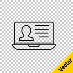 Black line Laptop with resume icon isolated on transparent background. CV application. Searching professional staff. Analyzing personnel resume. Vector.