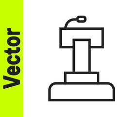 Black line Stage stand or debate podium rostrum icon isolated on white background. Conference speech tribune. Vector.