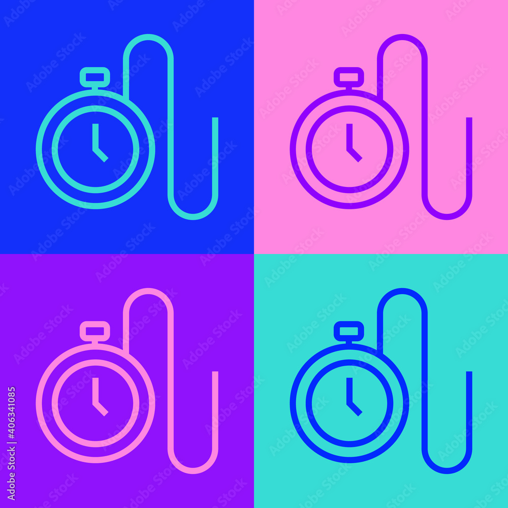 Poster pop art line watch with a chain icon isolated on color background. vector.